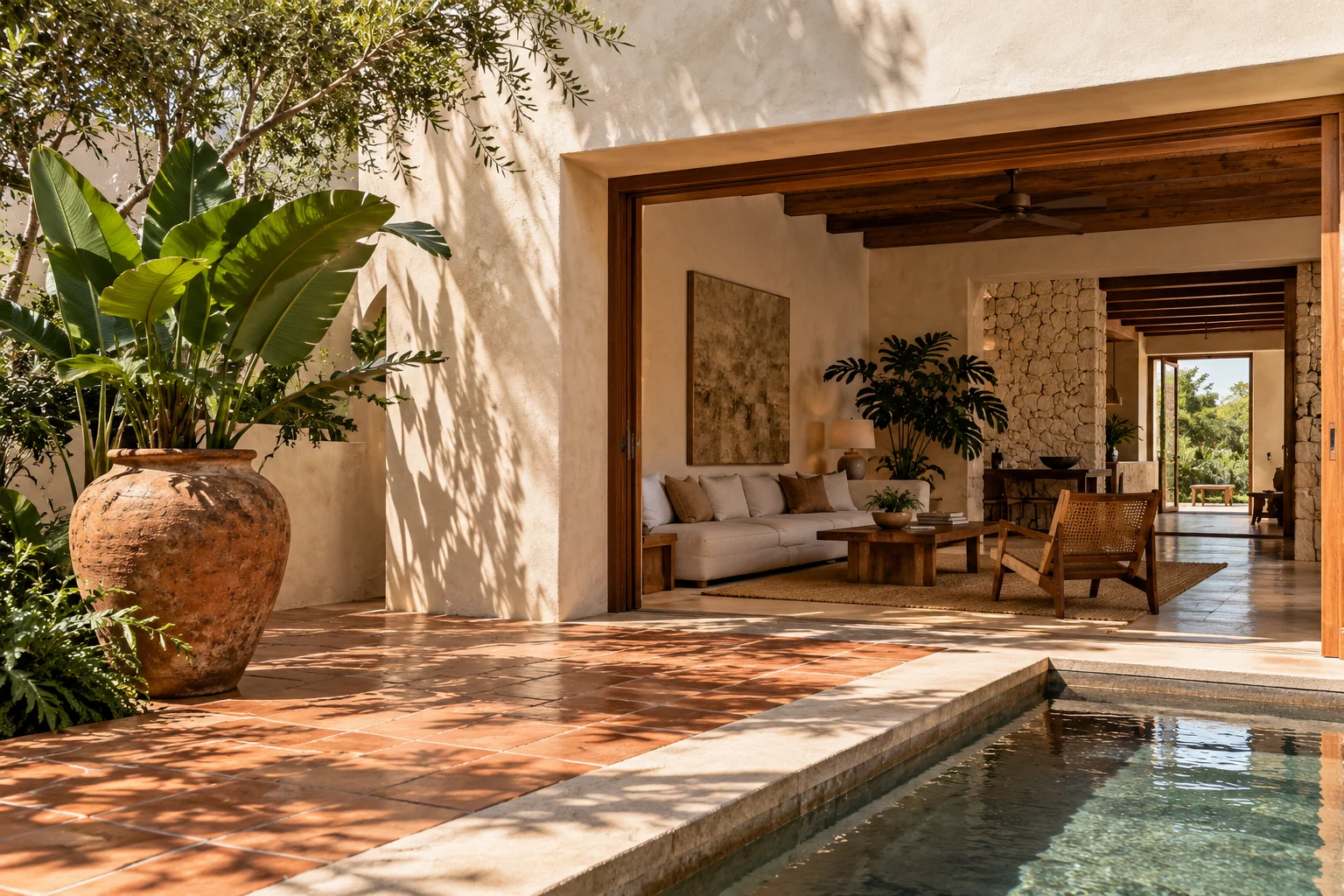 Imagen ilustrativa de una casa de arquitectura contemporánea con patio y materiales cálidos